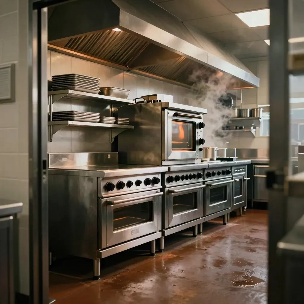 Compacte professionele keuken met ovens, afzuiging en gestapelde schalen na de lunchrush.