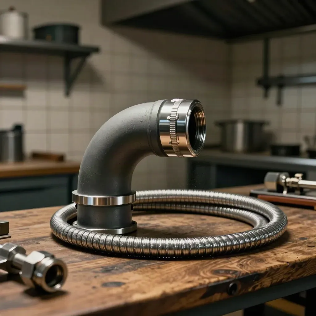 Ductbocht, kabeldoorvoeren en stalen slang op een servicewerkbank in een keukentechnische ruimte.