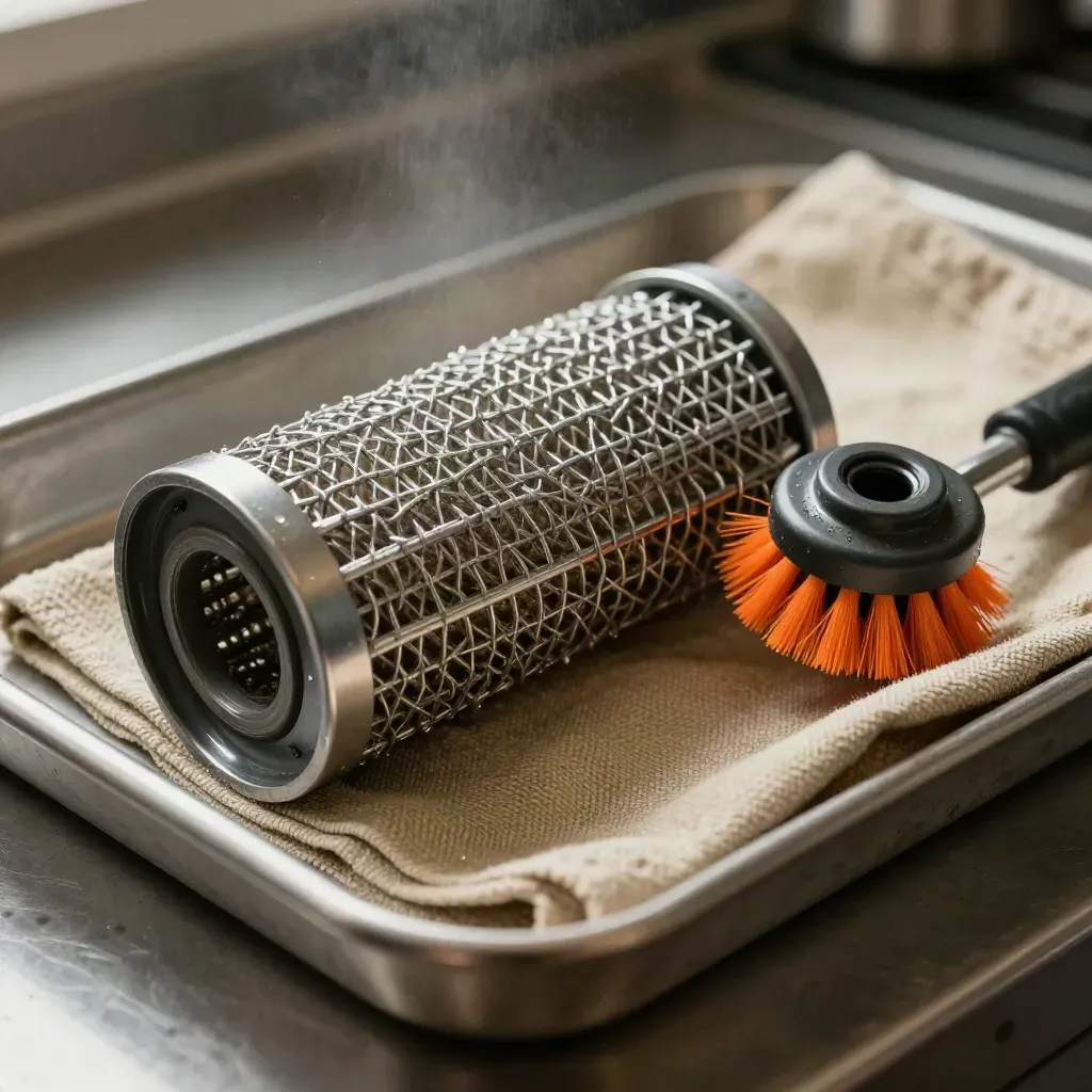 Close-up van een vetfilter, afdichtring en serviceborstel met doek in een keukenwerkplaats.