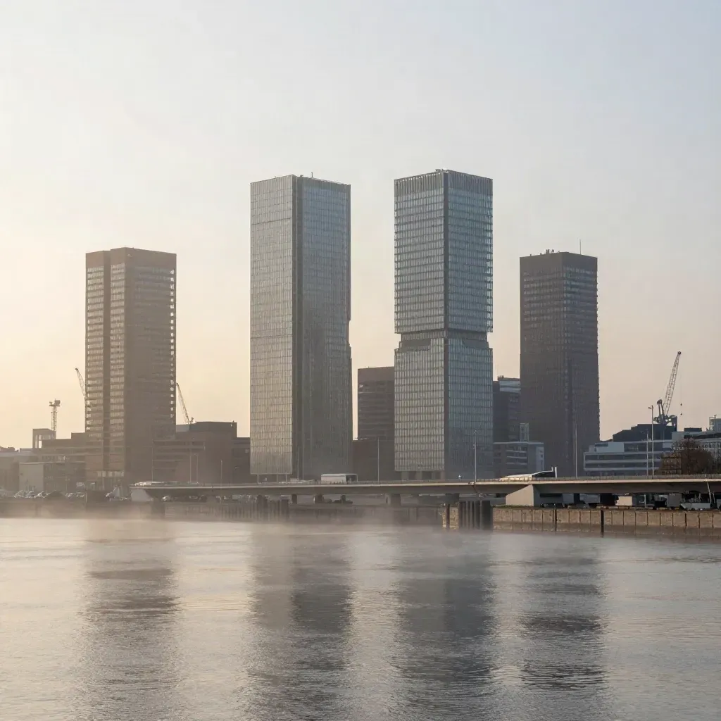 Mistige skyline van Rotterdam boven een rustige haven bij zonsopkomst.