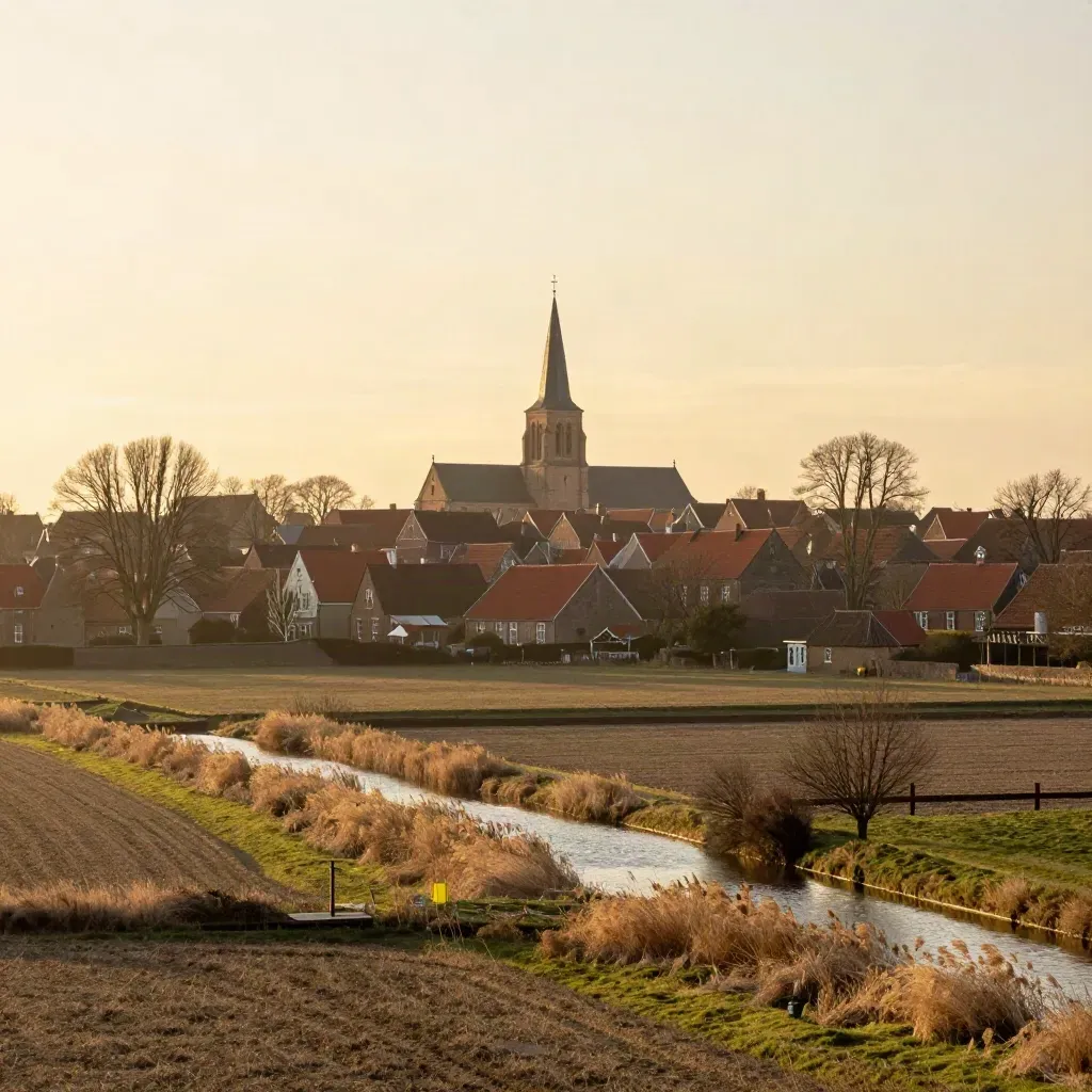 Brabantse kerktowers boven vlakke velden en een smal kanaal in warm avondlicht